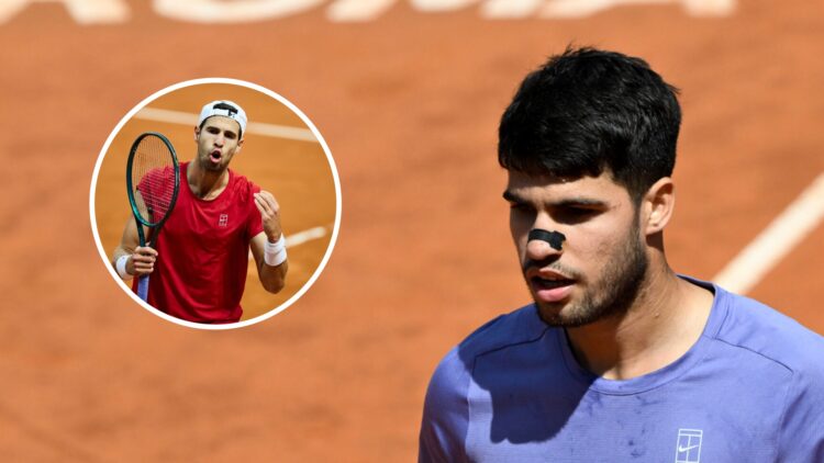 Image of Carlos Alcaraz looking on during his match against Karen Khachanov at the 2025 Italian Open, inset of Karen Khachanov reacting with frustr...