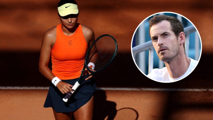 Emma Raducanu walks off court at the 2025 Italian Open, inset Andy Murray watches Novak Djokovic play at the 2025 Miami Open