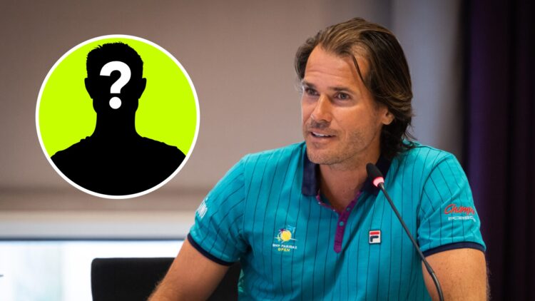 Image of Tommy Haas speaking during the press conference at Crowne Plaza Berlin on July 11, 2020, inset of a male mystery player