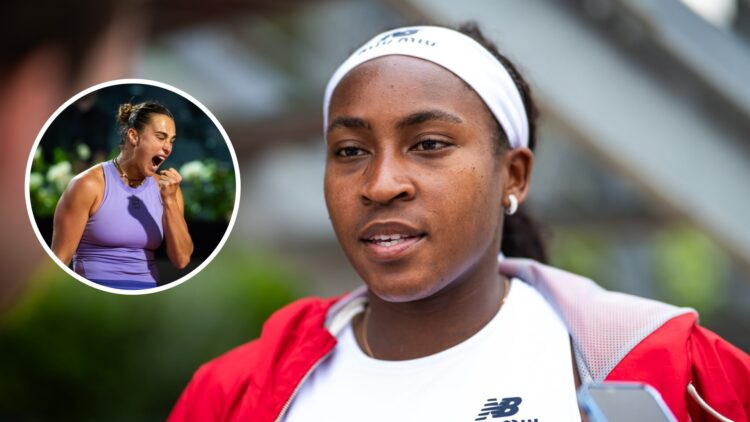 Image of Coco Gauff talking to the media after her quarterfinal win over Mirra Andreeva at the 2025 Italian Open, inset of Aryna Sabalenka celebrat...