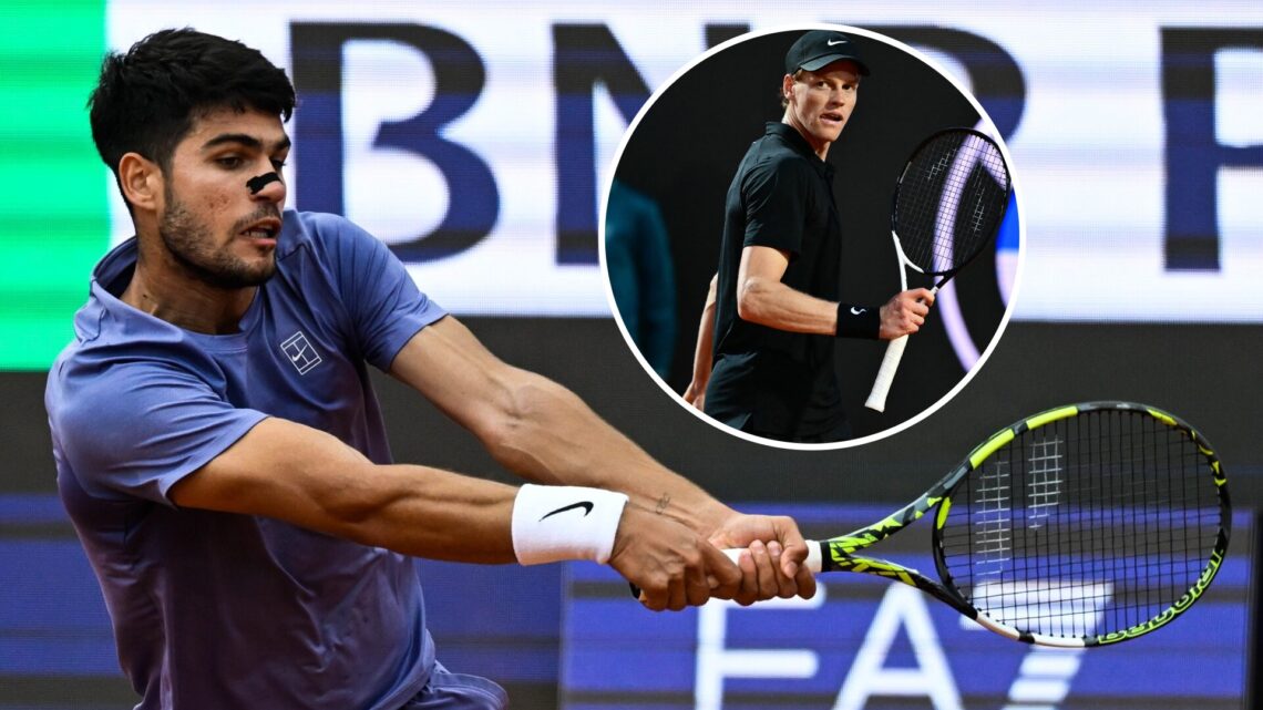 Carlos Alcaraz plays at the 2025 Italian Open, inset Jannik reacts after a point at the 2025 Italian Open