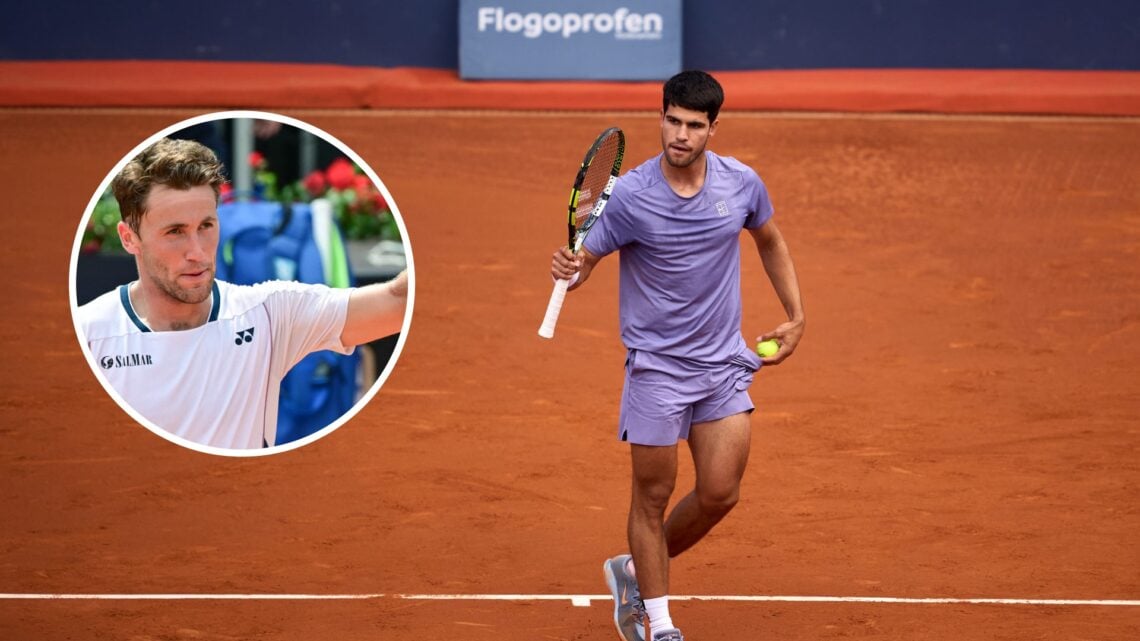 Image of Carlos Alcaraz celebrating after winning a point against Holger Rune in the 2025 Barcelona Open final, inset of Casper Ruud waving to the ...