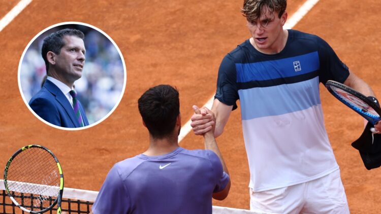 Image of Carlos Alcaraz and Jack Draper shaking hands after their 2025 Madrid Open quarterfinal match, inset of Tim Henman looking on during Andy M...