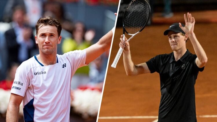 Casper Ruud waves (left), Jannik Sinner holds his racket up to celebrate a win (right)