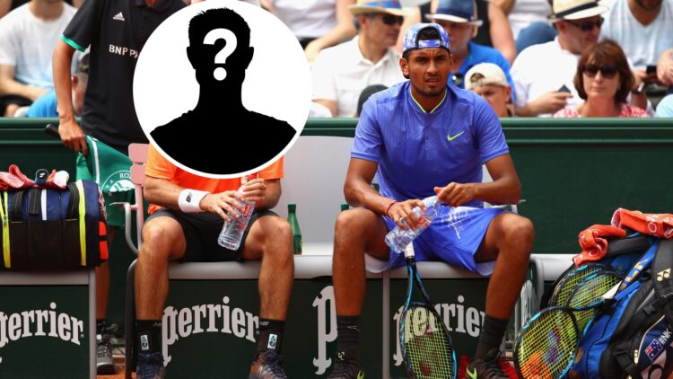 Nick Kyrgios (right) sits with his doubles partner (left) covered by a mystery overlay.