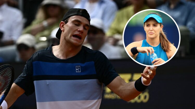 Image of Jack Draper showing his frustration against Carlos Alcaraz during their quarterfinal match at the 2025 Italian Open, inset of Laura Robson...