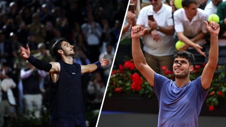 Split image of Lorenzo Musetti taking in the applause after beating Alexander Zverev at the 2025 Italian Open, image of Carlos Alcaraz celebrating ...