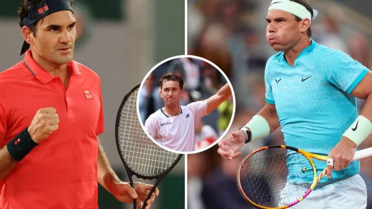 Split image of Roger Federer celebrating during his 2021 French Open third round match, image of Rafael Nadal warming up ahead of his first round m...