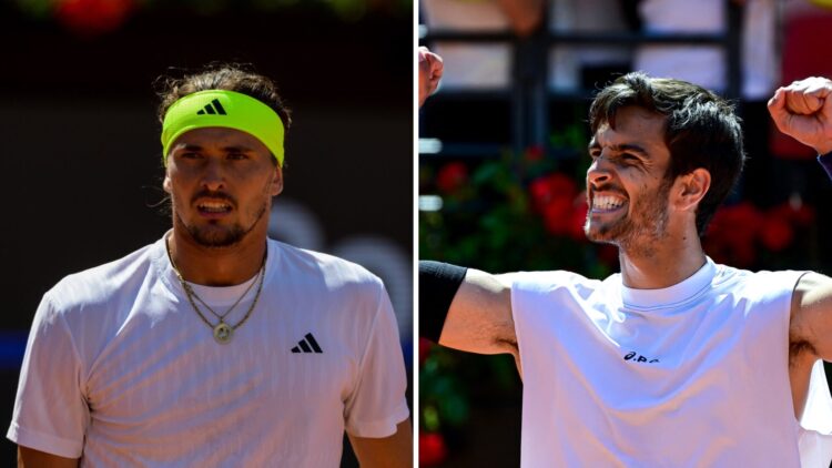 Alexander Zverev (L) at the Italian Open, Lorenzo Musetti (R) celebrating at the Italian Open