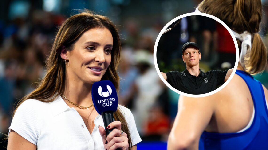 Laura Robson holds a microphone (left), Jannik Sinner waves to the crowd in circle overlay (right)