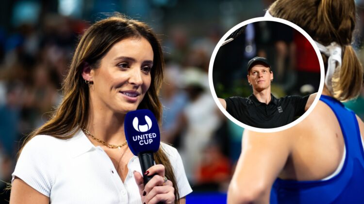 Laura Robson holds a microphone (left), Jannik Sinner waves to the crowd in circle overlay (right)