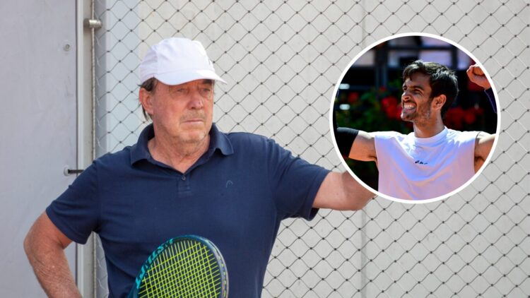 Image of Riccardo Piatti watching Jannik Sinner during a training session at the 2021 French Open, inset of Lorenzo Musetti celebrating after winni...