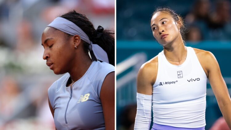 Coco Gauff (left) looks disgruntled, Qinwen Zheng (right) looks over