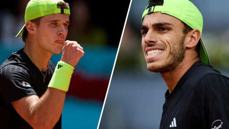 Split image of Jakub Mensik celebrating a point against Alexander Bublik at the 2025 Madrid Open, image of Francisco Cerundolo grimacing during his...