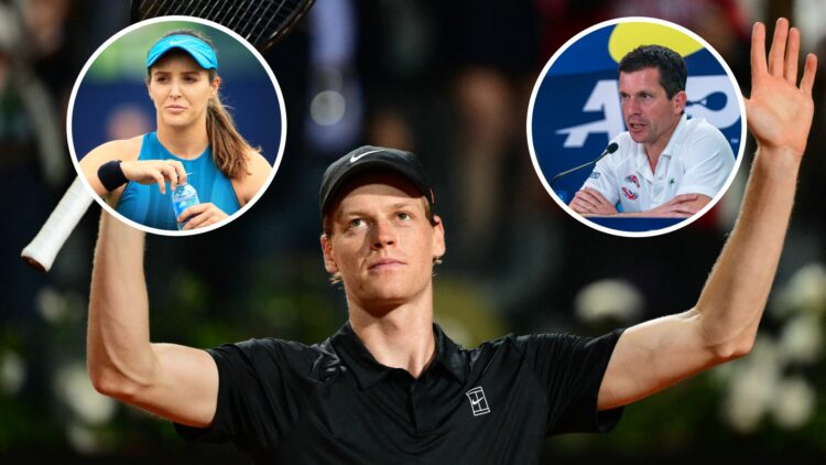 Jannik Sinner waves to the crowd (centre), Laura Robson opens a bottle of water in circle overlay (left), Tim Henman speaks into microphone at pres...