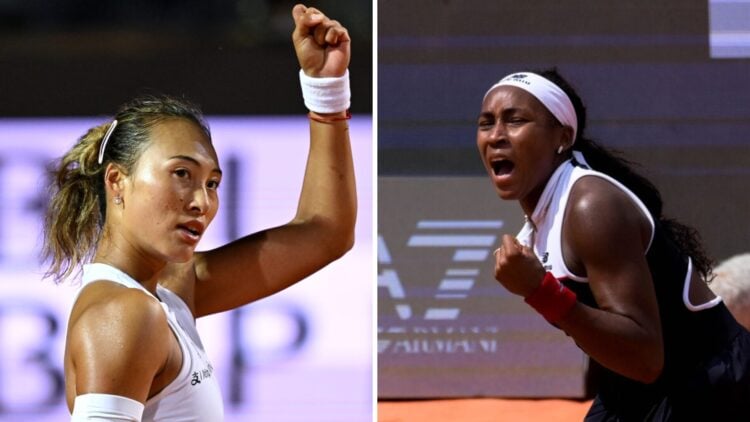 Coco Gauff celebrates winning a point (right) and Qinwen Zheng lifts her fist in the air (left)