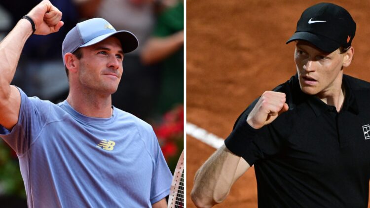 Tommy Paul raises his arm in celebration (left) and Jannik Sinner pumps his fist (right)
