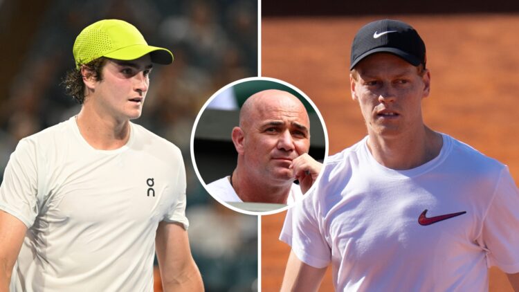 Joao Fonseca (L) at the Miami Open, Jannik Sinner (R) at the Italian Open, Andre Agassi (M) watching a game at Wimbledon