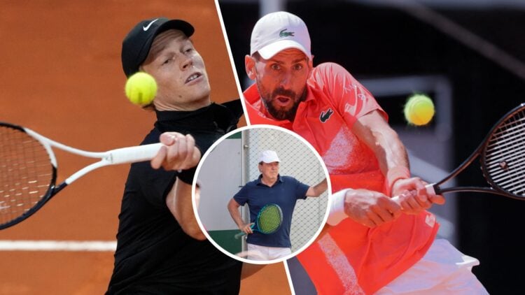 Split image of Jannik Sinner hitting a forehand against Casper Ruud at the 2025 Italian Open, image of Novak Djokovic hitting a backhand against Ma...