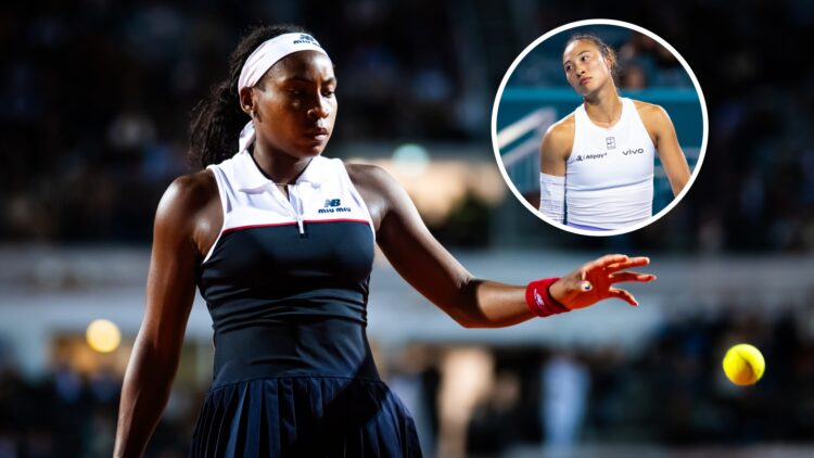 Coco Gauff (left) bounces a tennis ball, Qinwen Zheng (right) in circle overlay