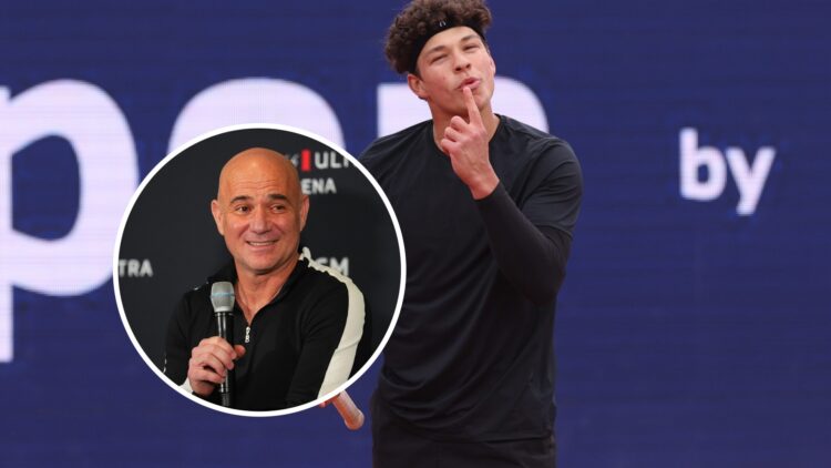 Andre Agassi (L) at a press conference, Ben Shetlon (R) at the Munich Open