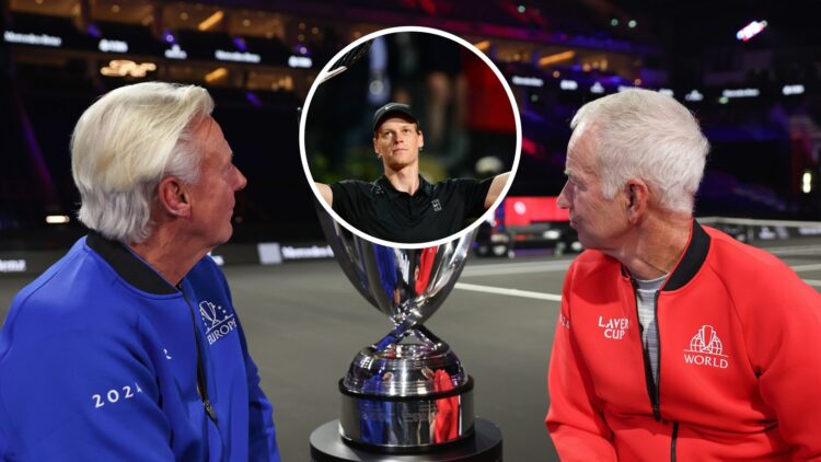 Bjorn Borg (left) and John McEnroe (right) look at the Laver Cup, Jannik Sinner in circle overlay (middle)