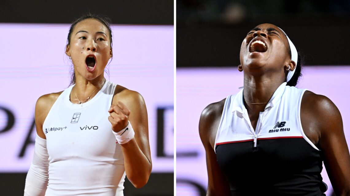 Split image of Qinwen Zheng celebrating winning a point against Coco Gauff at the 2025 Italian Open, image of Coco Gauff celebrating winning match ...