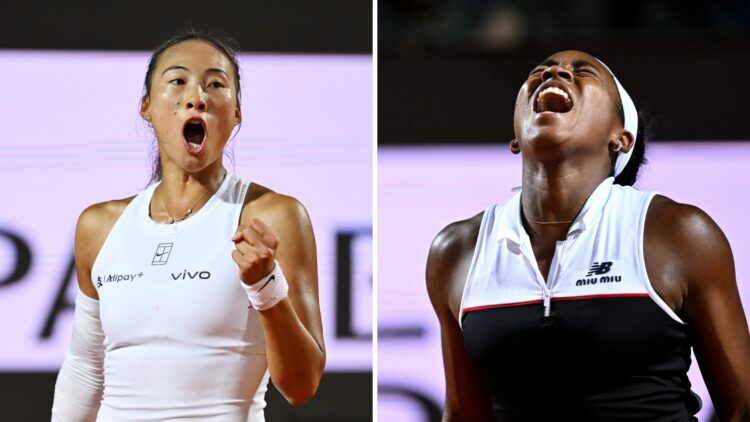 Split image of Qinwen Zheng celebrating winning a point against Coco Gauff at the 2025 Italian Open, image of Coco Gauff celebrating winning match ...