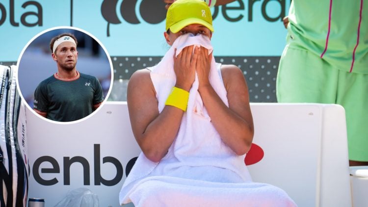 Image of Iga Swiatek visibly upset during her 2025 Madrid Open semi-final defeat to Coco Gauff, inset of Casper Ruud looking on during his 2024 Fre...
