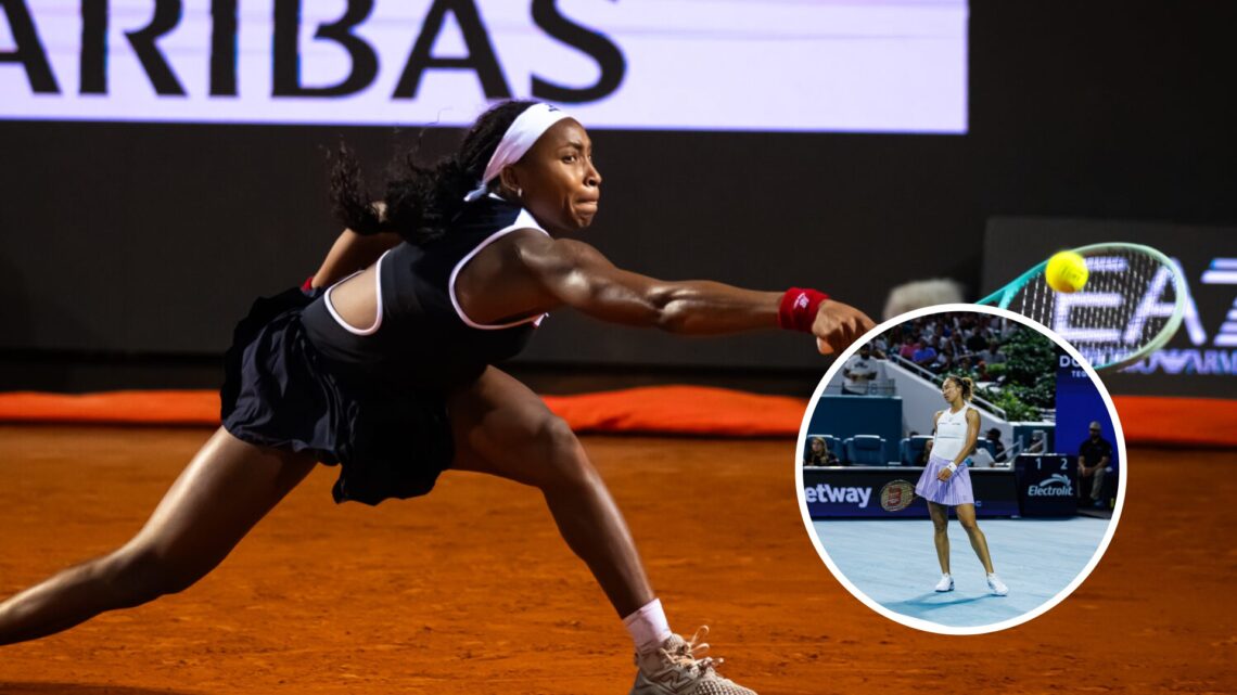 Coco Gauff stretches for a shot (left), Qinwen Zheng in a circle overlay (bottom right)