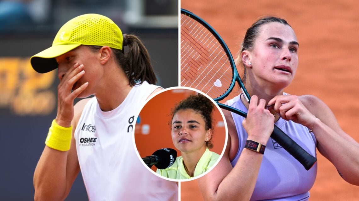 Iga Swiatek (L) at the Italian Open, Aryna Sabalenka (R) at the Italian Open, Jasmine Paolini (M) at a press conference