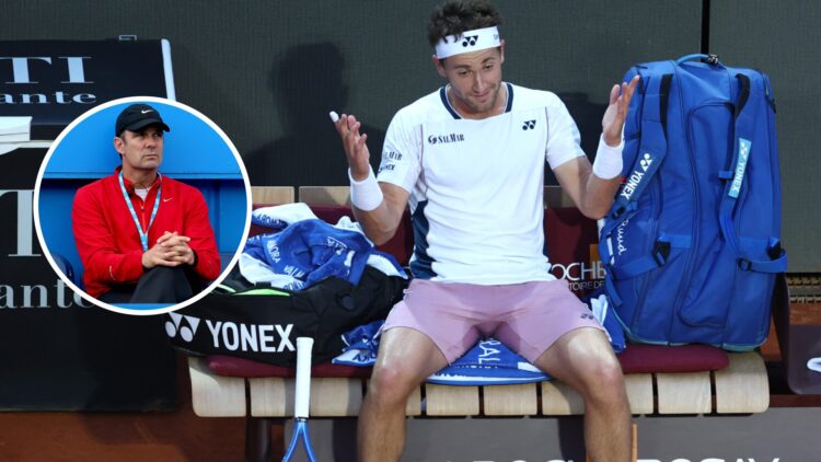 Image of Casper Ruud expressing his disbelief during his convincing defeat to Jannik Sinner at the 2025 Italian Open, inset of Paul Annacone watchi...