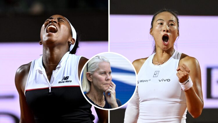 Coco Gauff (L) at the Italian Open, Qinwen Zheng (R) at the Italian Open, Rennae Stubbs (M) watching a match at the US Open