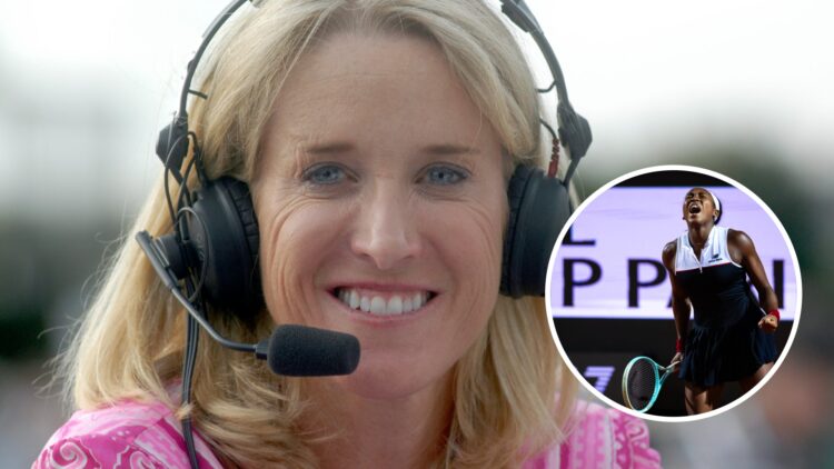 Tracy Austin (left) smiling with her headset on and Coco Gauff (right) in circle overlay celebrates a win