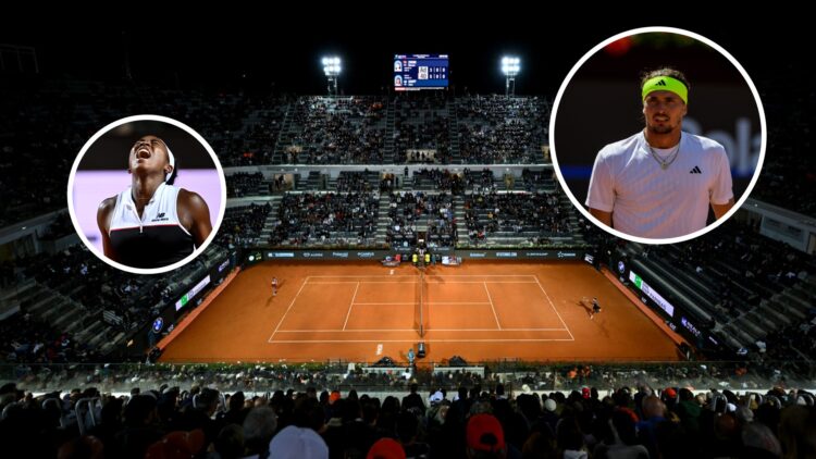 A wide view of the entire Italian Open centre court, Coco Gauff screams in circle overlay (left), Alexander Zverev looks on (right)