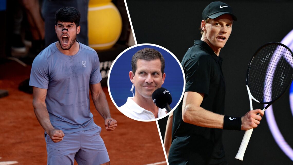 Split image of Carlos Alcaraz celebrating after beating Lorenzo Musetti at the 2025 Italian Open, image of Jannik Sinner celebrating winning a poin...