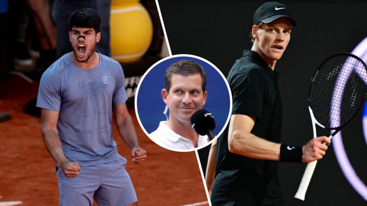 Split image of Carlos Alcaraz celebrating after beating Lorenzo Musetti at the 2025 Italian Open, image of Jannik Sinner celebrating winning a poin...