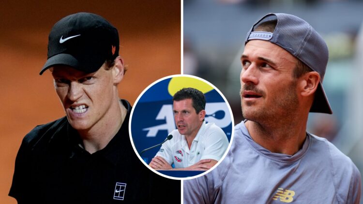 Jannik Sinner grimaces (left), Tommy Paul looks on (right), Tim Henman in a circle overlay speaks to a microphone (middle)