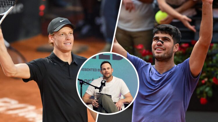 Jannik Sinner (left) lifts his racket, Carlos Alcaraz (right) waves to fans, Andy Roddick speaks into microphone in circle overlay (centre)