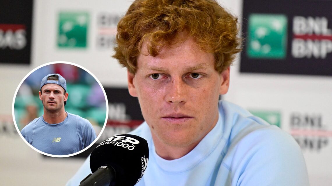 Jannik Sinner (right) answers questions at a press conference, Tommy Paul (left) in circle overlay