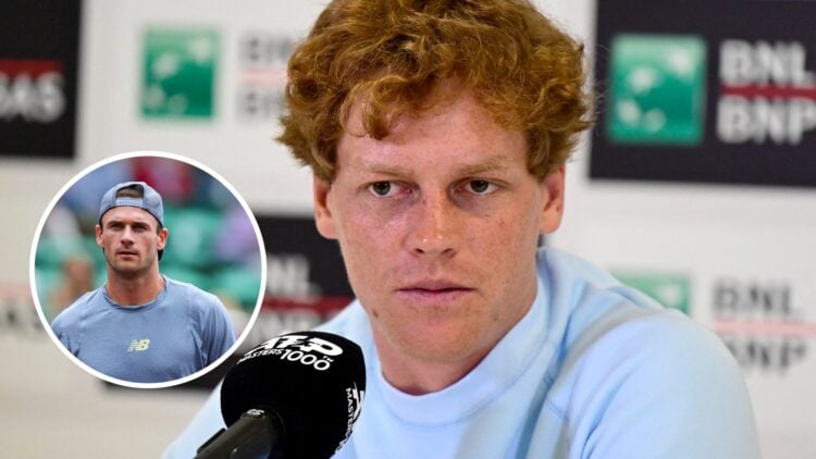 Jannik Sinner (right) answers questions at a press conference, Tommy Paul (left) in circle overlay