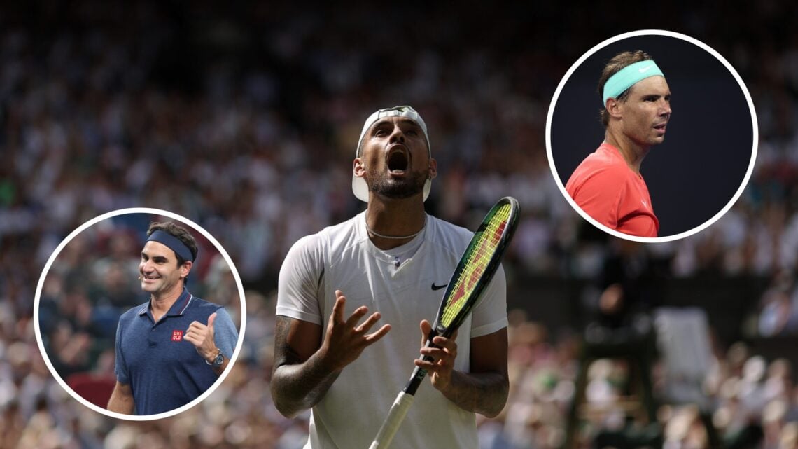 Nick Kyrgios (middle) shouts, Roger Federer (left) in circle overlay points over his shoulder, Rafael Nadal (right) looks on