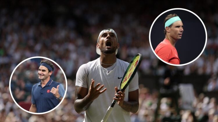 Nick Kyrgios (middle) shouts, Roger Federer (left) in circle overlay points over his shoulder, Rafael Nadal (right) looks on
