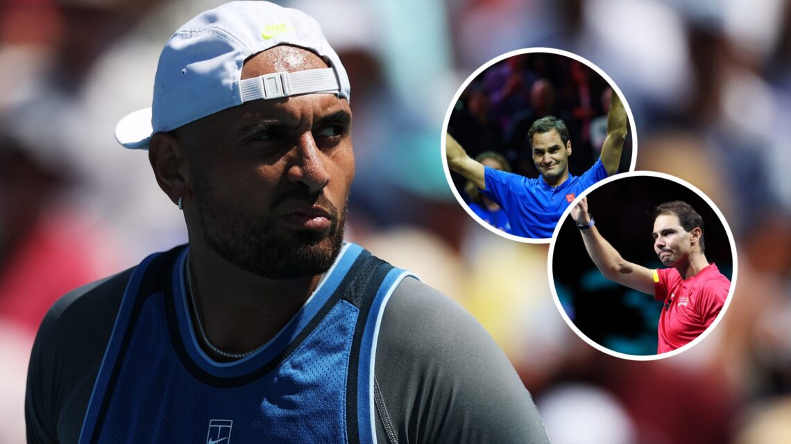 Image of Nick Kyrgios looking on during his match against Karen Khachanov at the 2025 Miami Open, inset of Rafael Nadal waving goodbye after retiri...