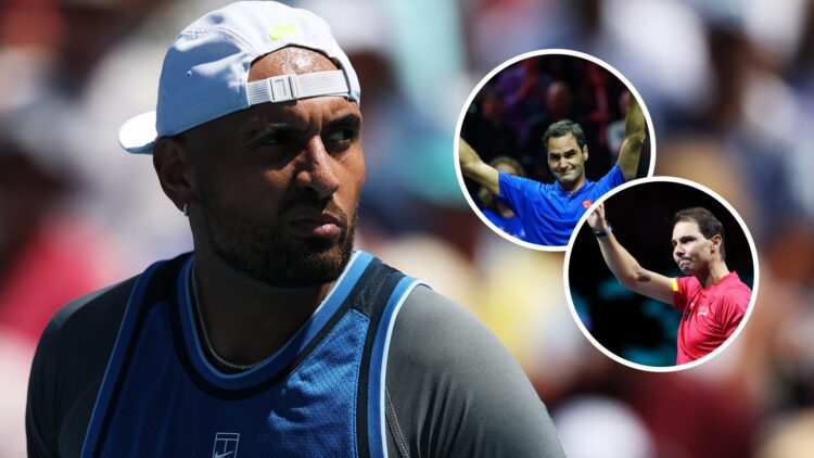 Image of Nick Kyrgios looking on during his match against Karen Khachanov at the 2025 Miami Open, inset of Rafael Nadal waving goodbye after retiri...