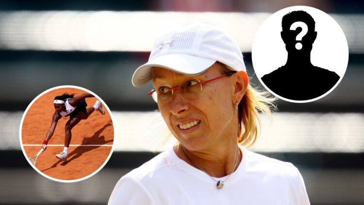 Tracy Austin looks on (centre), Coco Gauff (left) stretches for a ball in circle overlay, mystery player (right) in circle overlay