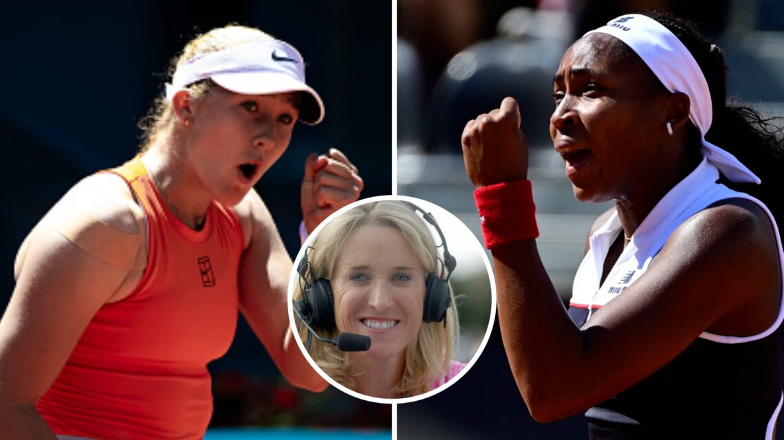 Mirra Andreeva (left) pumps her first, Tracy Austin in a circle overlay (middle), Coco Gauff (right) pumps her fist