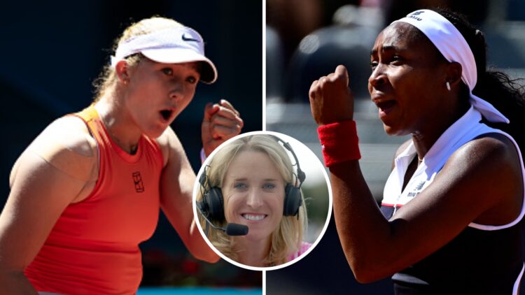 Mirra Andreeva (left) pumps her first, Tracy Austin in a circle overlay (middle), Coco Gauff (right) pumps her fist