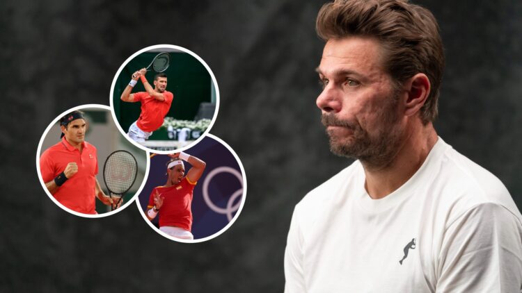Image of Stan Wawrinka during a photography session ahead of 2024 Indian Wells, inset of Novak Djokovic playing a backhand at the 2024 Geneva Open,...