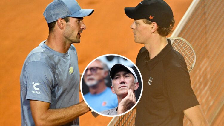 Tommy Paul (L) and Jannik Sinner (R) at the Italian Open, Darren Cahill (M) watching a match